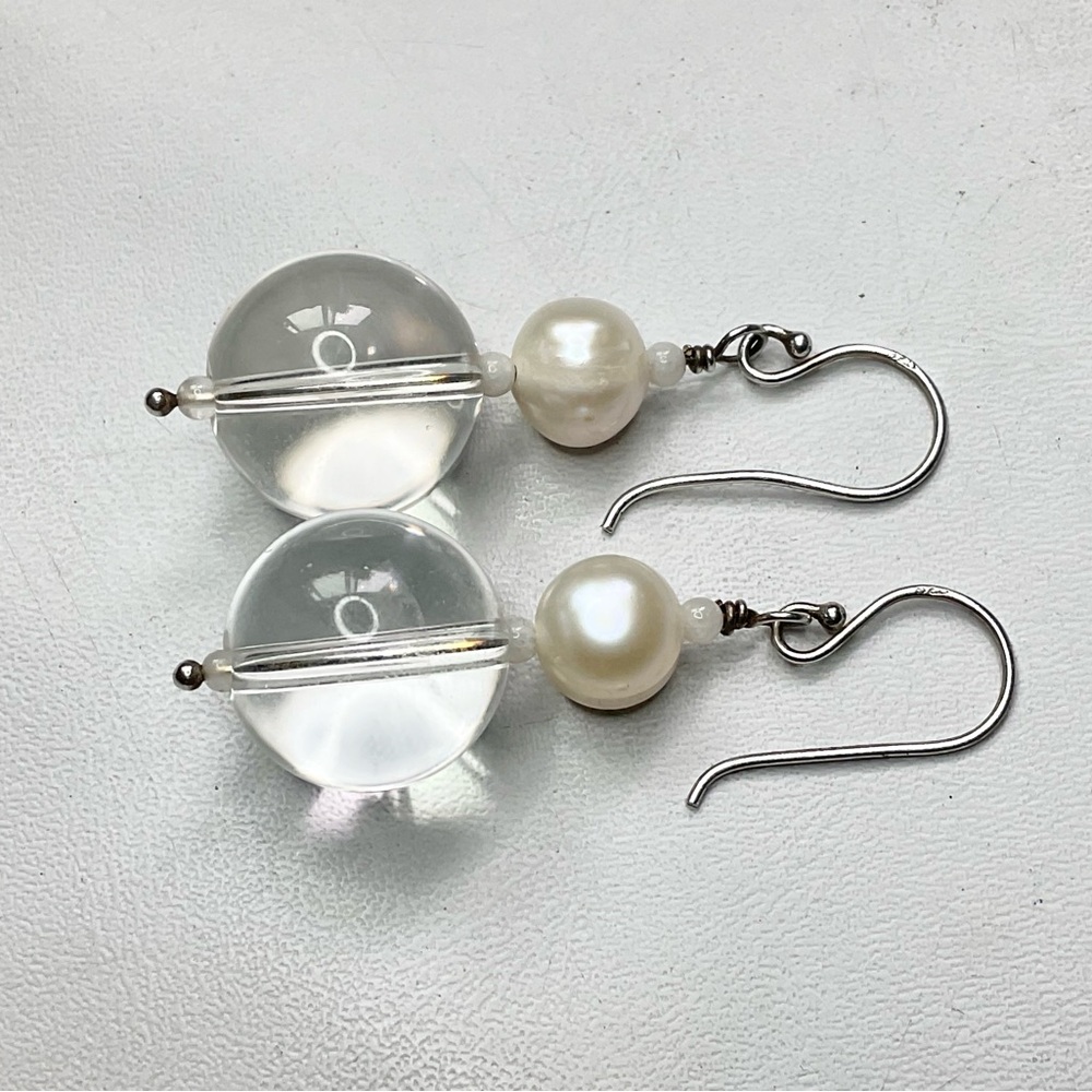 Sterling Silver Pools of Light Rock Crystal Pearl Earrings